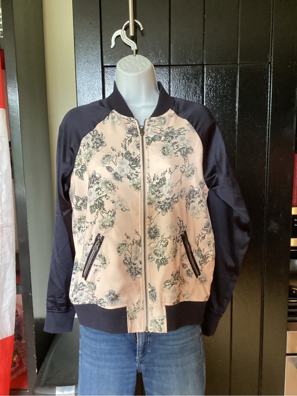 Floral Contrast Bomber Jacket - Pink & Black